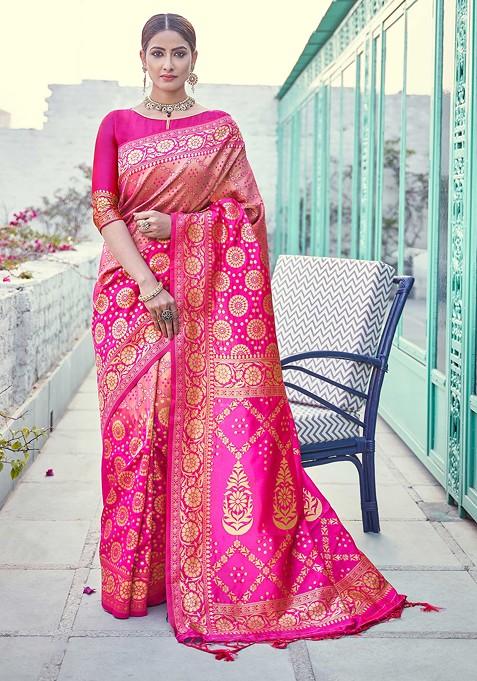 Pink Woven Banarasi Art Silk Saree Set