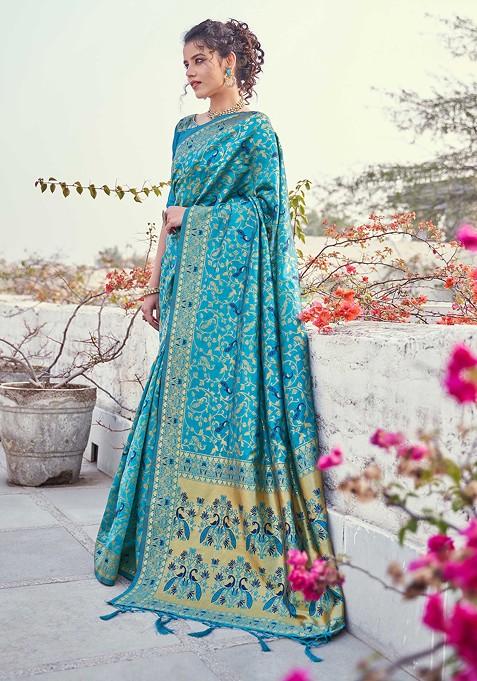 Turquoise Woven Banarasi Art Silk Saree Set