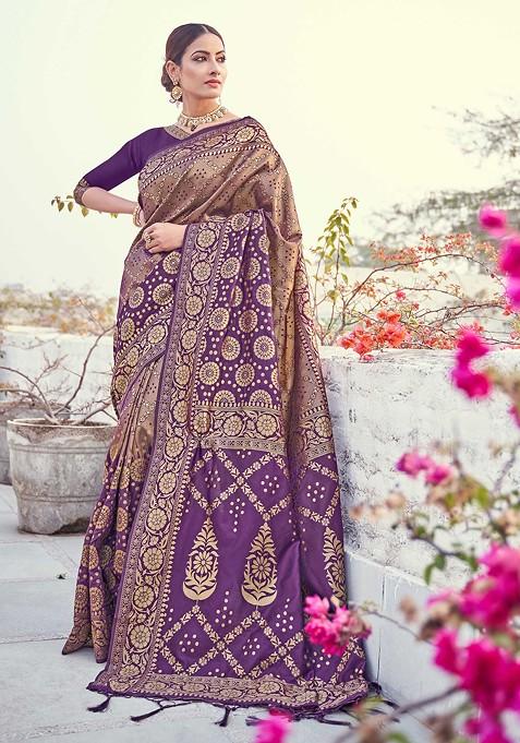 Purple Woven Banarasi Art Silk Saree Set