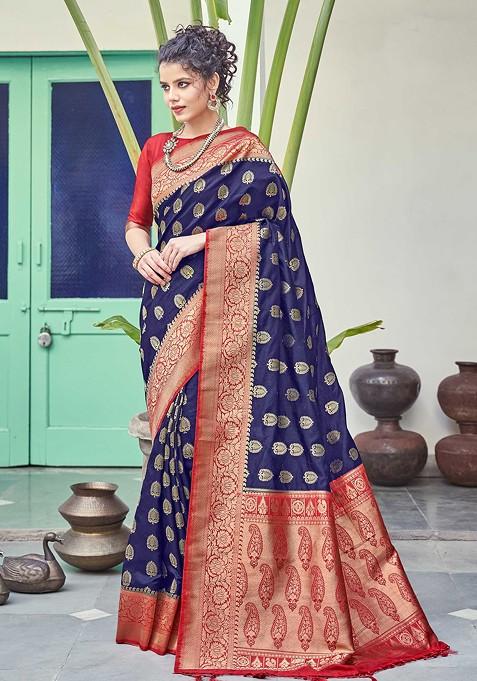 Navy Blue Woven Banarasi Art Silk Saree Set