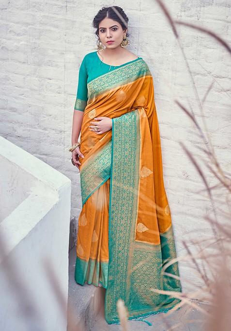 Mustard Woven Banarasi Art Silk Saree Set