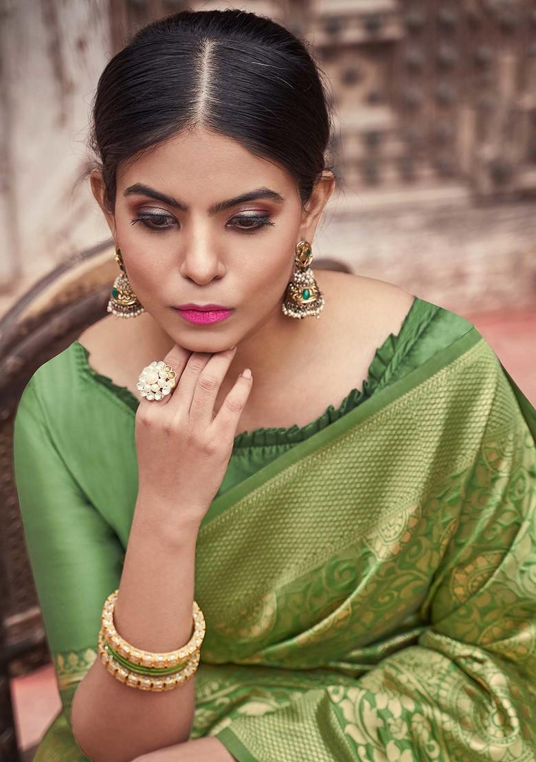 Olive Green Woven Banarasi Art Silk Saree Set