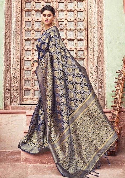 Navy Blue Woven Banarasi Art Silk Saree Set