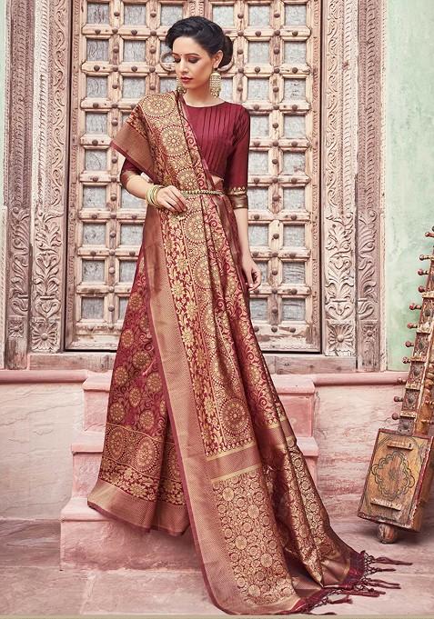 Maroon Woven Banarasi Art Silk Saree Set