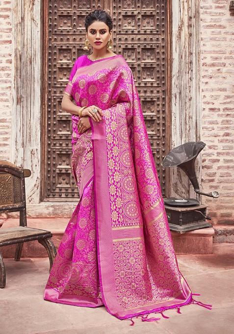 Pink Woven Banarasi Art Silk Saree Set