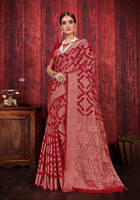 Red Woven Linen Silk Saree Set