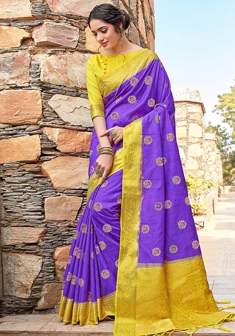 Purple Woven Banarasi Art Silk Saree Set