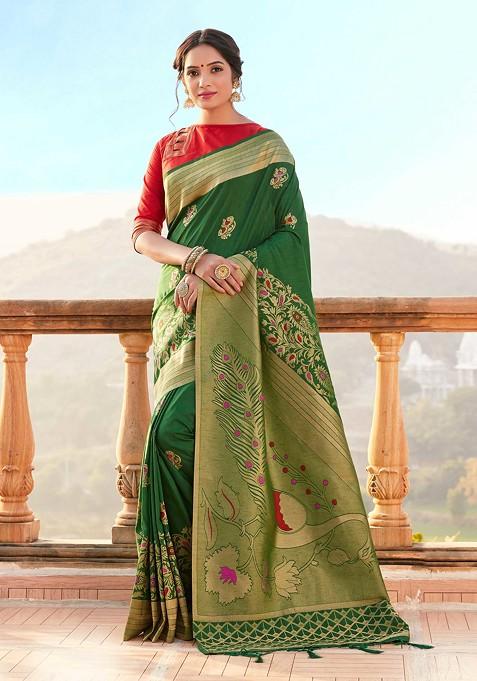 Green Woven Banarasi Art Silk Saree Set