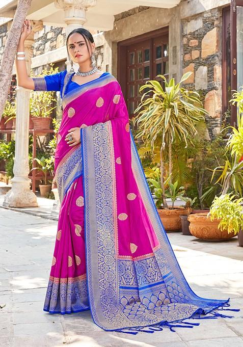 Pink Woven Banarasi Art Silk Saree Set