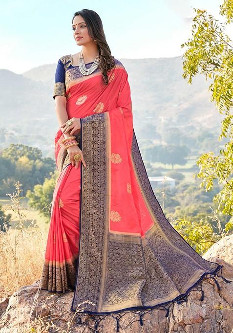 Peach Woven Banarasi Art Silk Saree Set