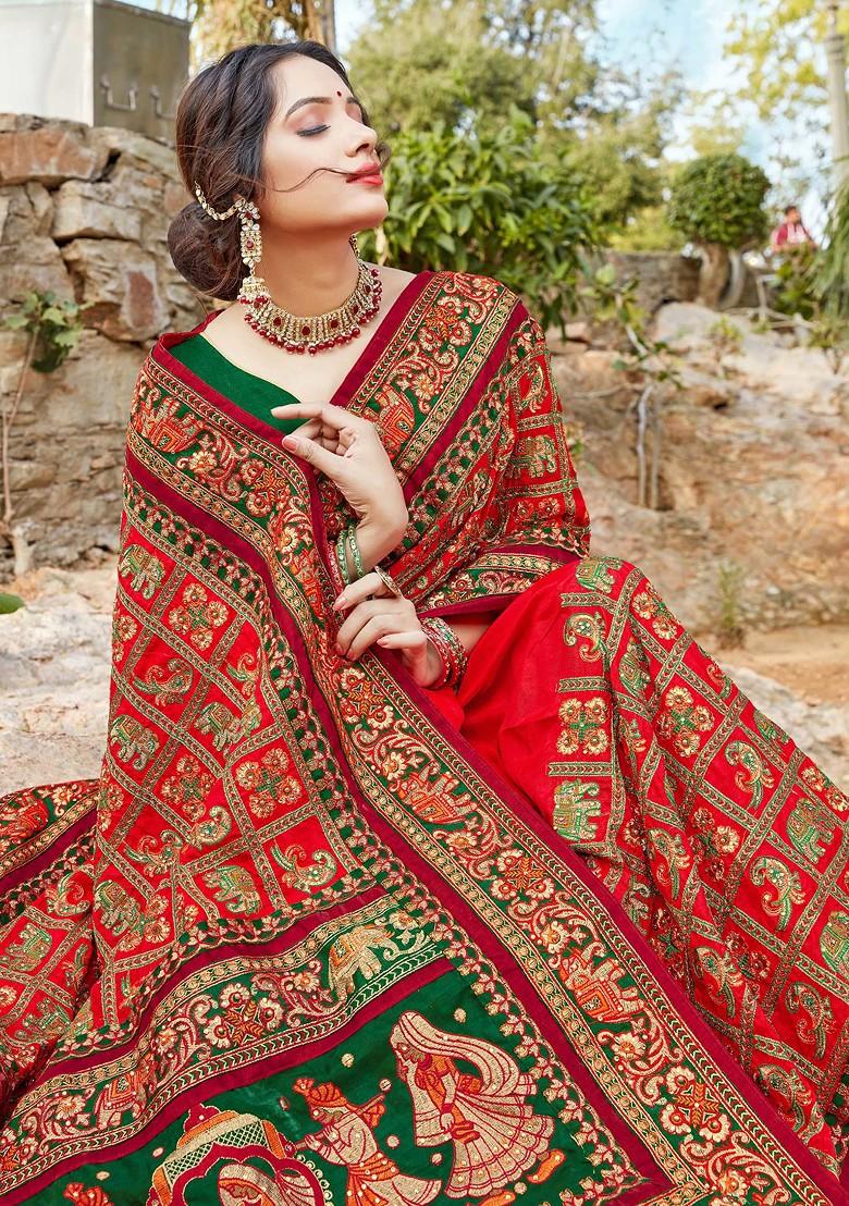 Red Embroidered Satin Silk Saree Set