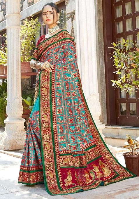 Turquoise Embroidered Satin Silk Saree Set