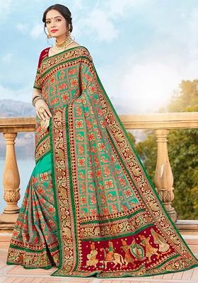 Teal Embroidered Satin Silk Saree Set