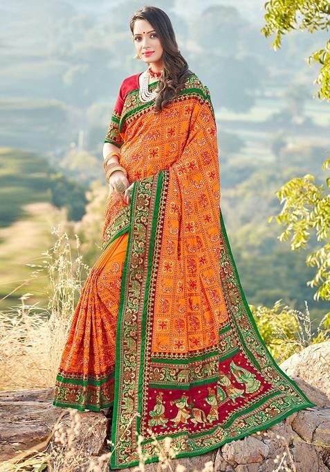 Orange Embroidered Satin Silk Saree Set