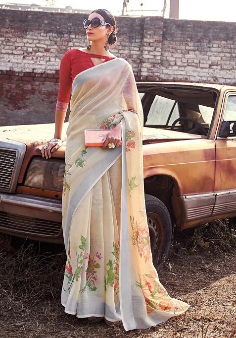 Cream Printed Cotton Silk Saree Set