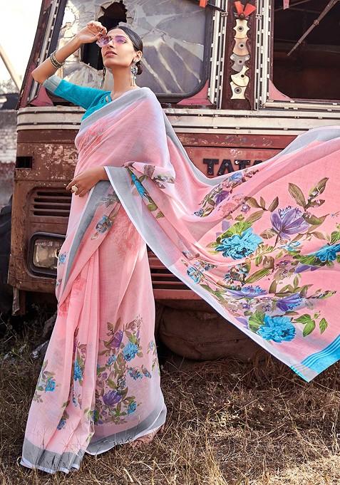 Pink Printed Cotton Silk Saree Set