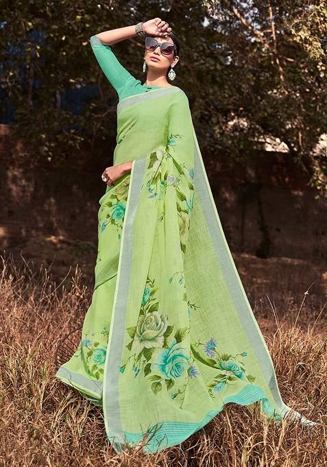 Olive Green Printed Cotton Silk Saree Set