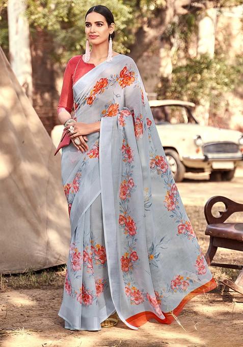 Grey Printed Cotton Silk Saree Set