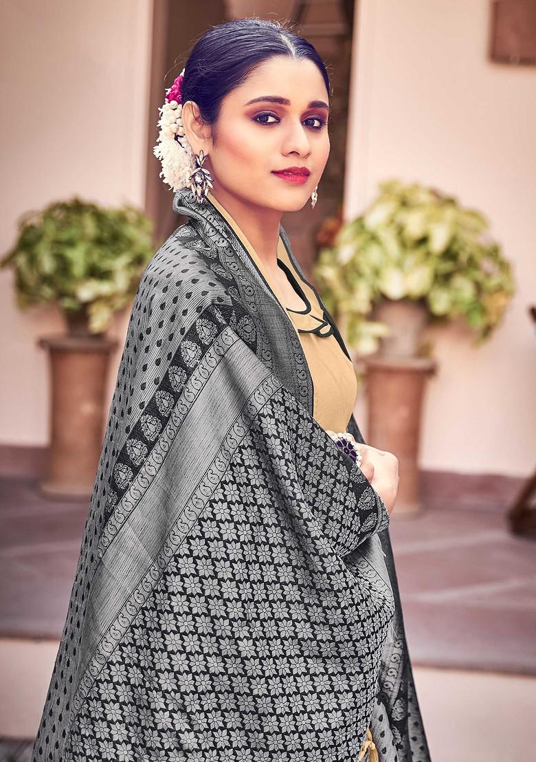 Black Woven Banarasi Art Silk Saree Set