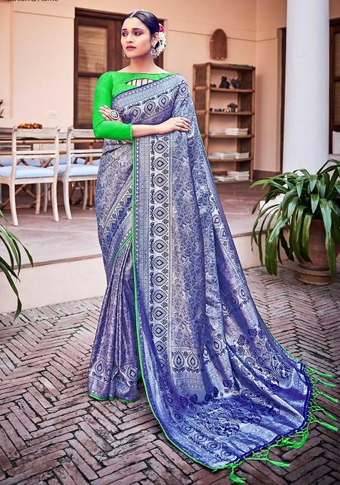 Blue Woven Banarasi Art Silk Saree Set