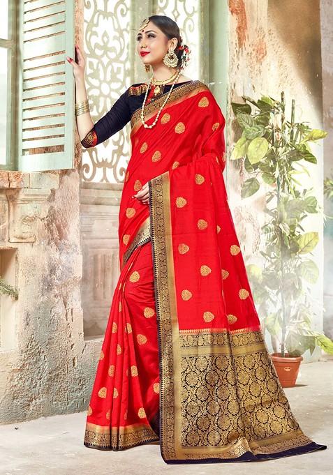 Red Woven Banarasi Art Silk Saree Set