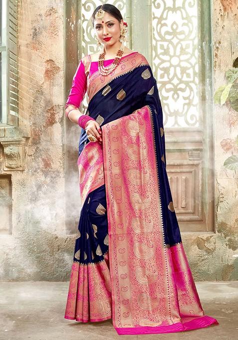 Navy Blue Woven Banarasi Art Silk Saree Set