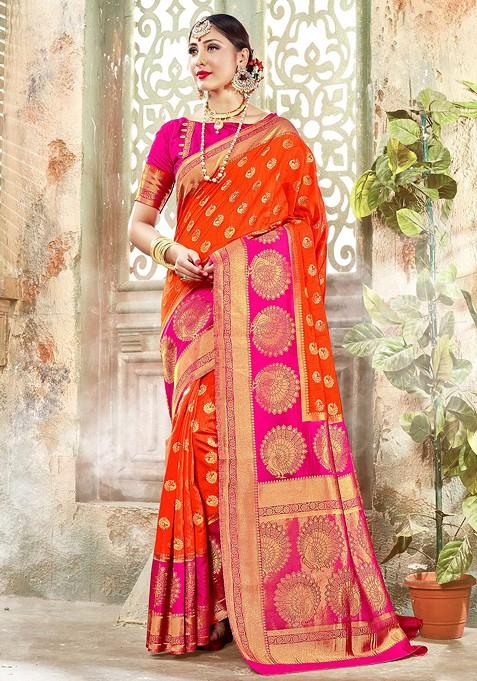 Orange Woven Banarasi Art Silk Saree Set