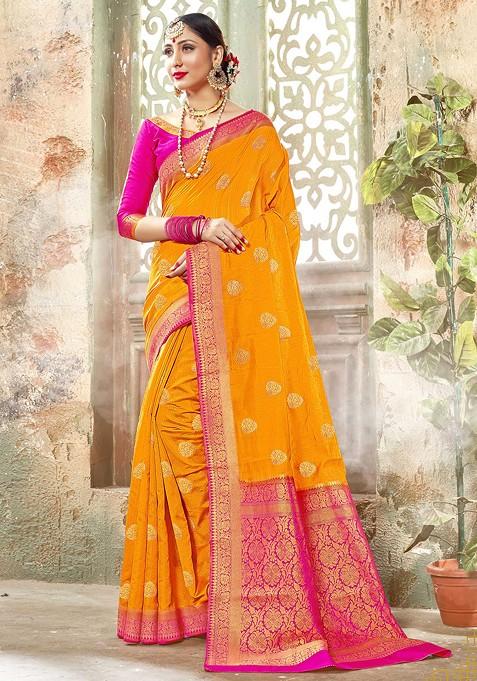 Mustard Woven Banarasi Art Silk Saree Set