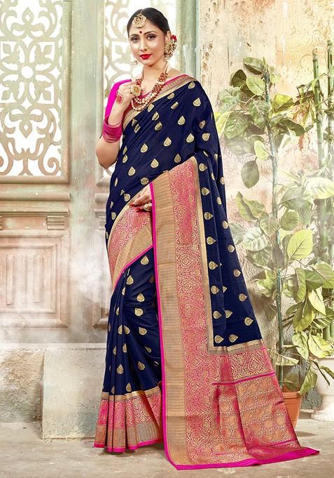 Deep Blue Woven Banarasi Art Silk Saree Set