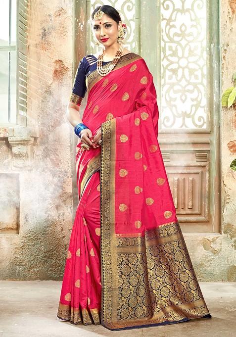 Peach Woven Banarasi Art Silk Saree Set