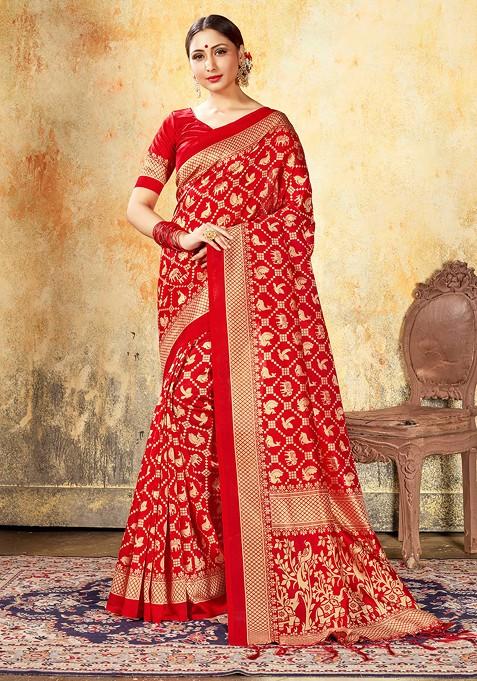 Red Printed Mysore Art Silk Saree Set