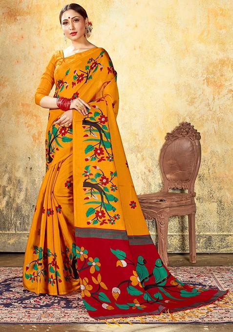 Mustard Printed Mysore Art Silk Saree Set