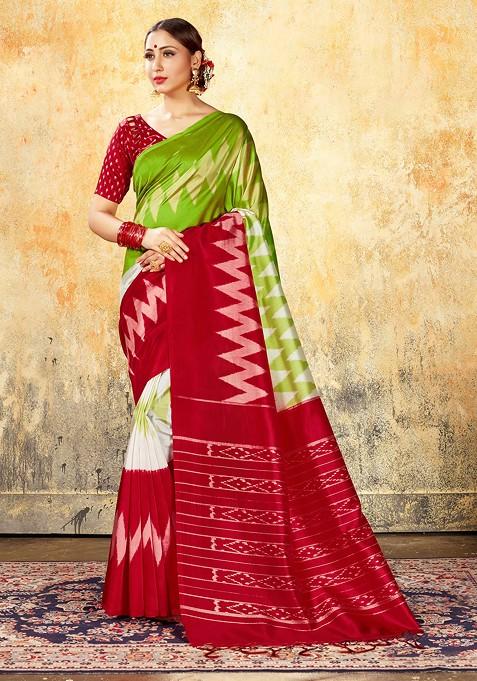 Green Printed Mysore Art Silk Saree Set