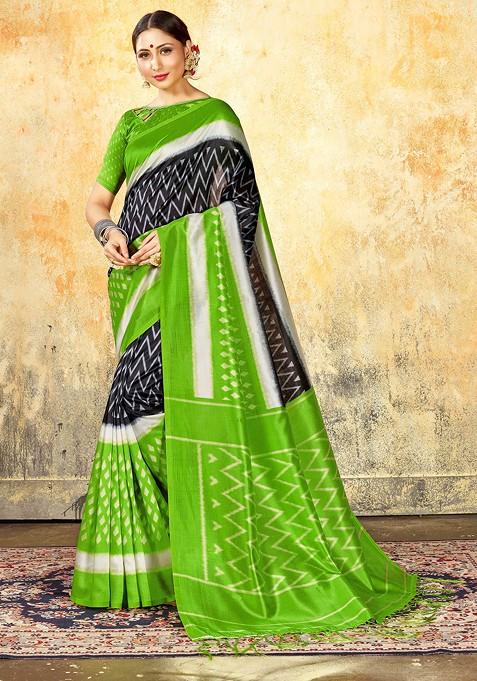 Black Printed Mysore Art Silk Saree Set