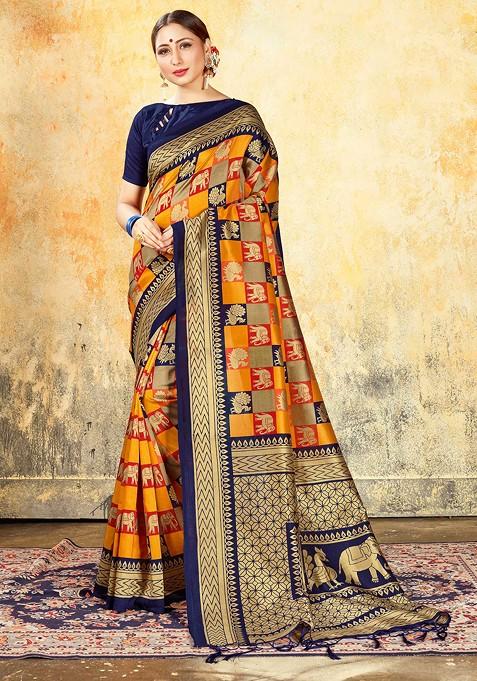 Mustard Printed Mysore Art Silk Saree Set