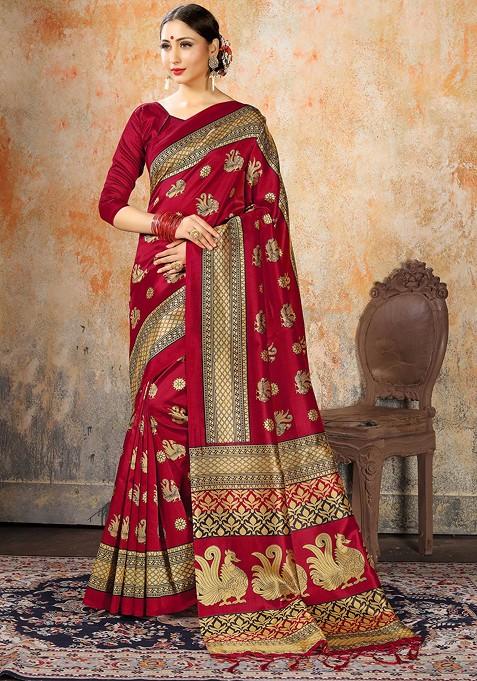 Maroon Printed Mysore Art Silk Saree Set