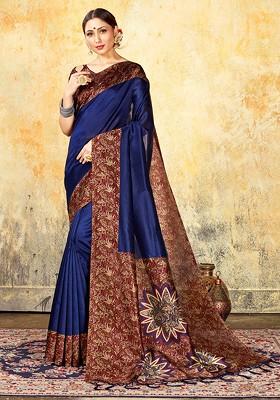 Navy Blue Printed Mysore Art Silk Saree Set