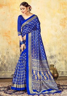 Blue Printed Mysore Art Silk Saree Set