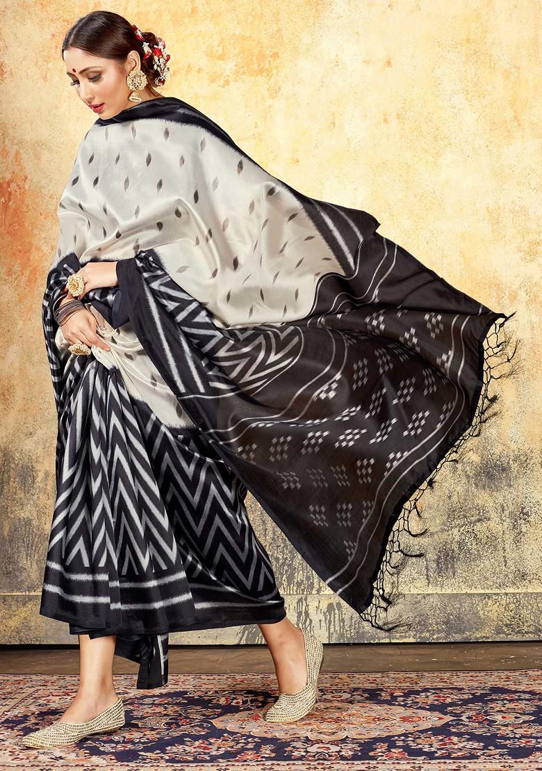 Off White Printed Mysore Art Silk Saree Set