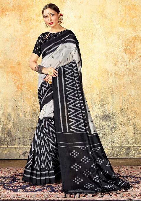 Off White Printed Mysore Art Silk Saree Set