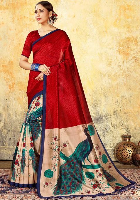 Red Printed Mysore Art Silk Saree Set