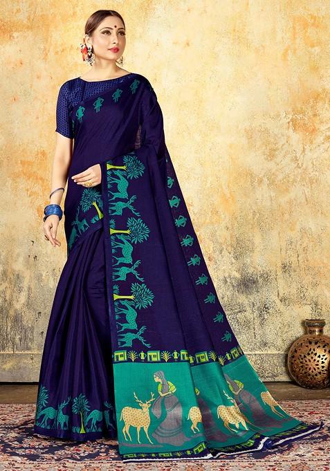 Navy Blue Printed Mysore Art Silk Saree Set