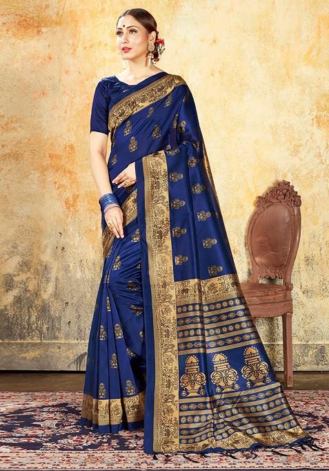 Navy Blue Printed Mysore Art Silk Saree Set