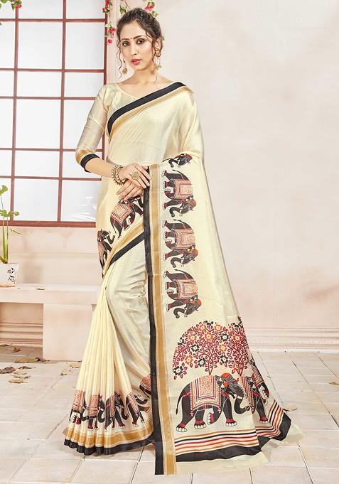 Off White Printed Mysore Art Silk Saree Set