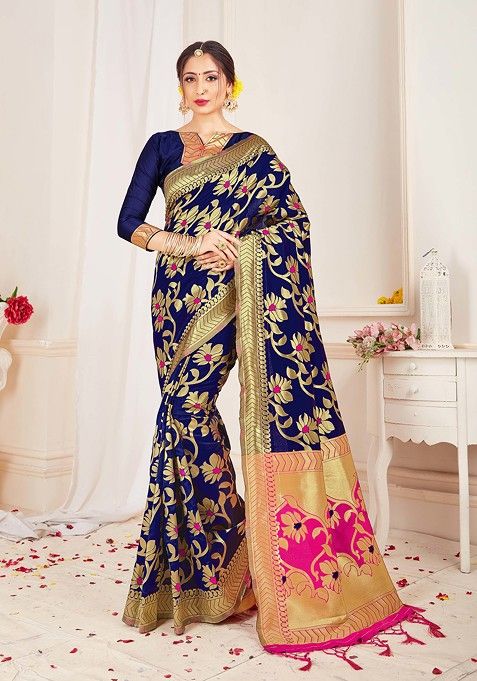 Navy Blue Woven Banarasi Art Silk Saree Set