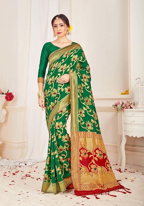 Green Woven Work Banarasi Art Silk Saree Set