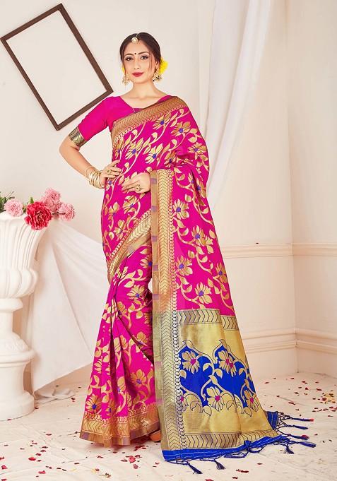 Pink Woven Work Banarasi Art Silk Saree Set