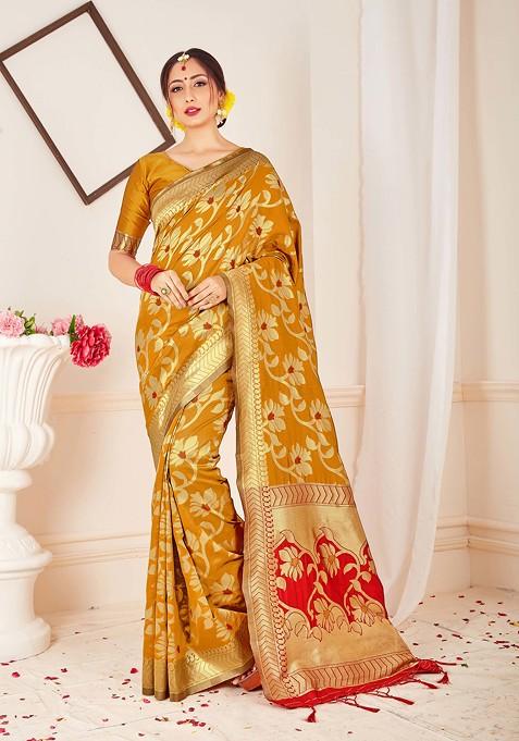 Mustard Woven Work Banarasi Art Silk Saree Set