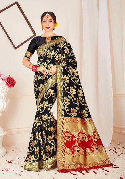 Black Woven Work Banarasi Art Silk Saree Set