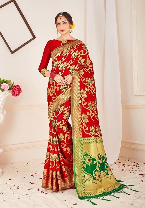 Red Woven Work Banarasi Art Silk Saree Set